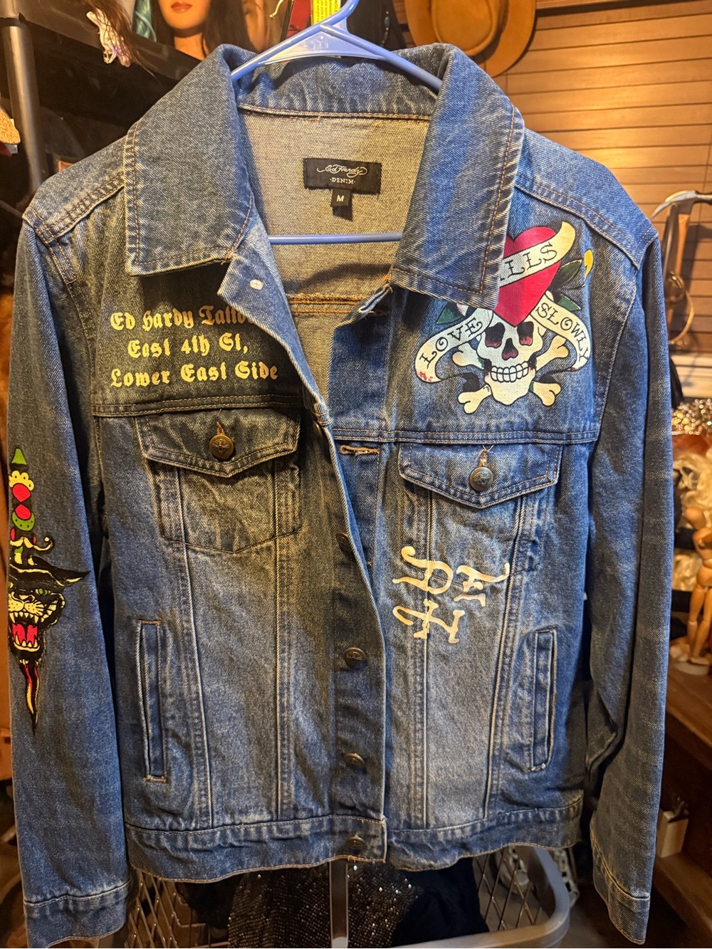 Ed Hardy Blue Denim Jacket with Skull and Banner Graphics